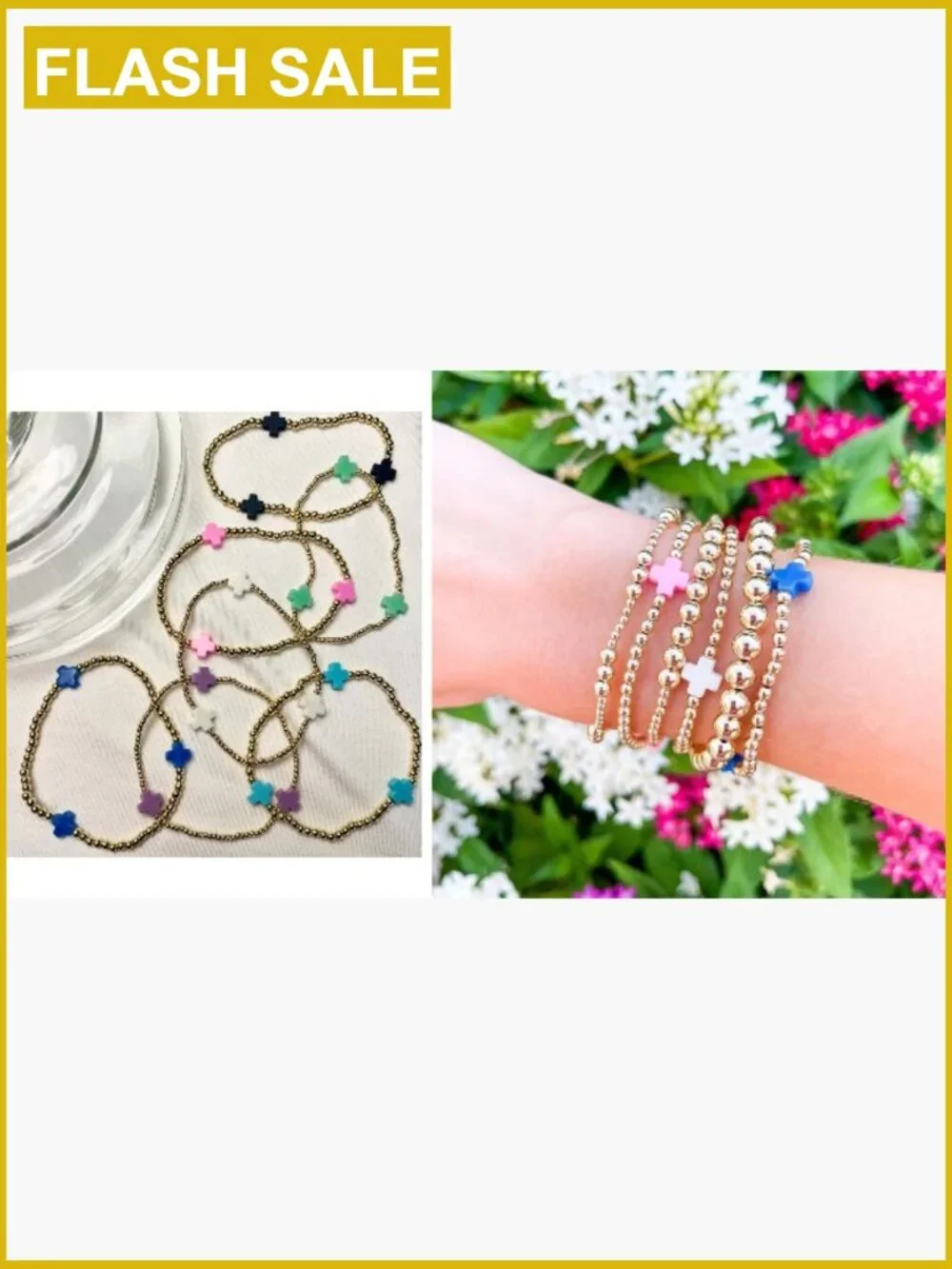 Gold Cross Beaded Bracelet Stack Set Adjustable Stretch Faith Jewelry Set